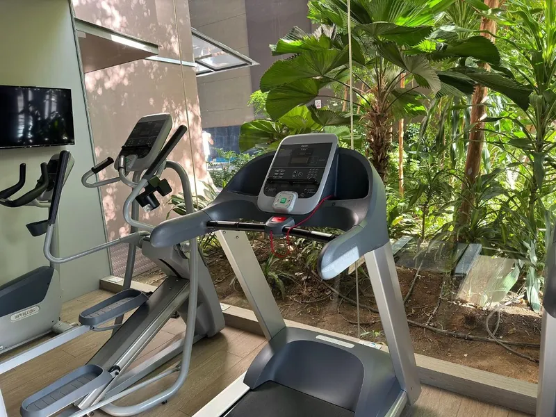Gimnasio con vista al jardín