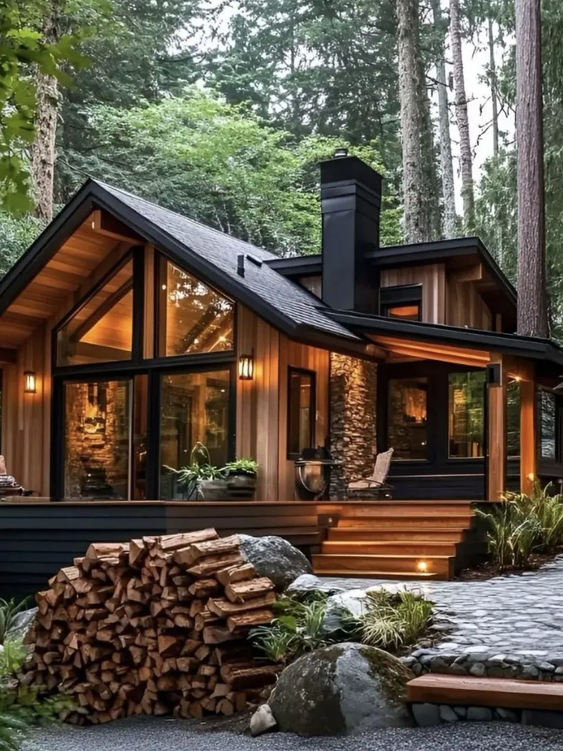 Casa de madera y piedra con galería al bosque