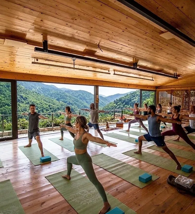 Sala de yoga de madera con vista a las sierras